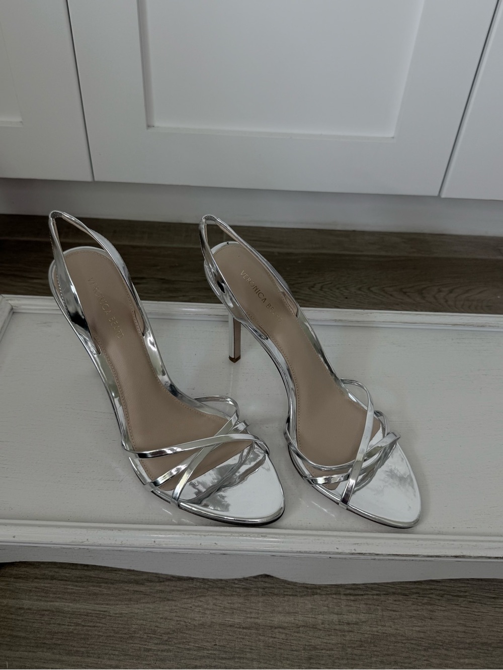 Veronica Beard Silver Metallic Strappy Slingback Heels